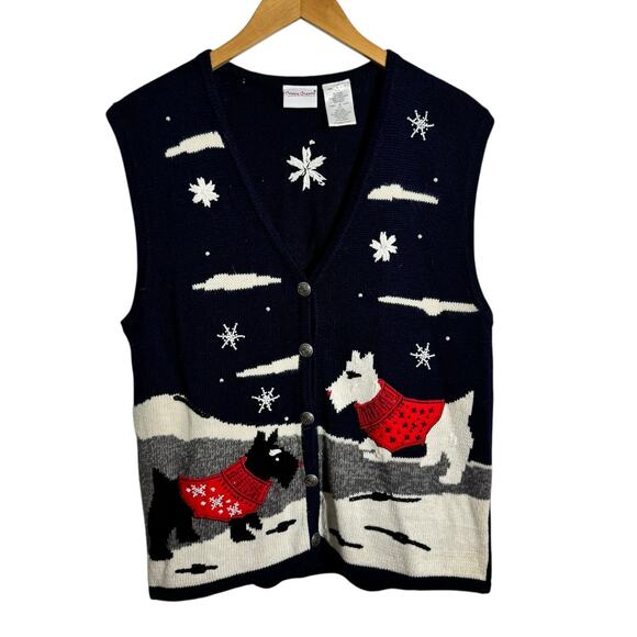 VINTAGE 90s Bobbie Brooks Schnauzer Cardigan L Cottagecore Knit Sweater Vest - Picture 1 of 9